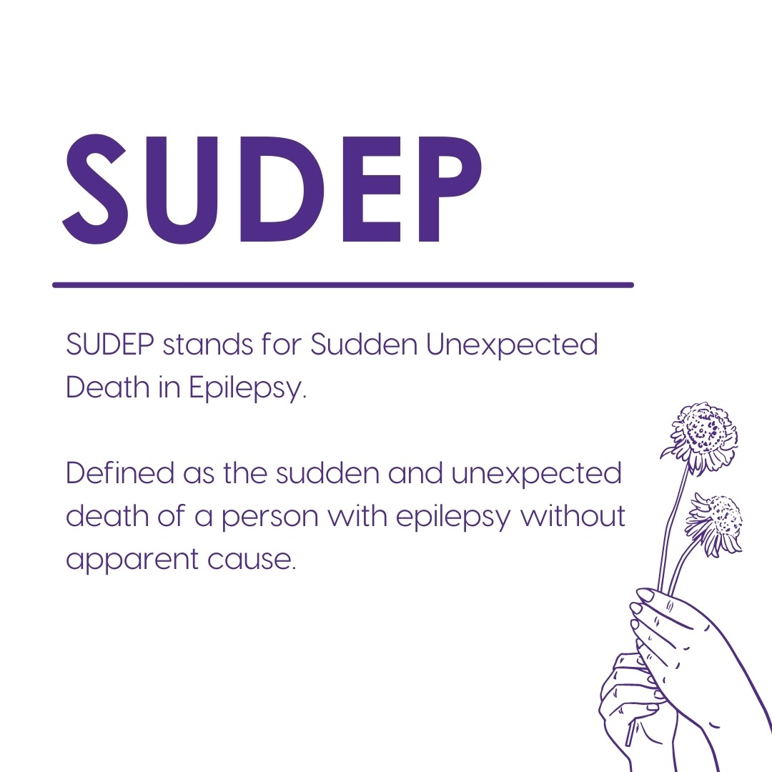 SUDEP graphic Definition of SUDEP (Sudden Unexpected Death in Epilepsy) with image of hands holding a flower